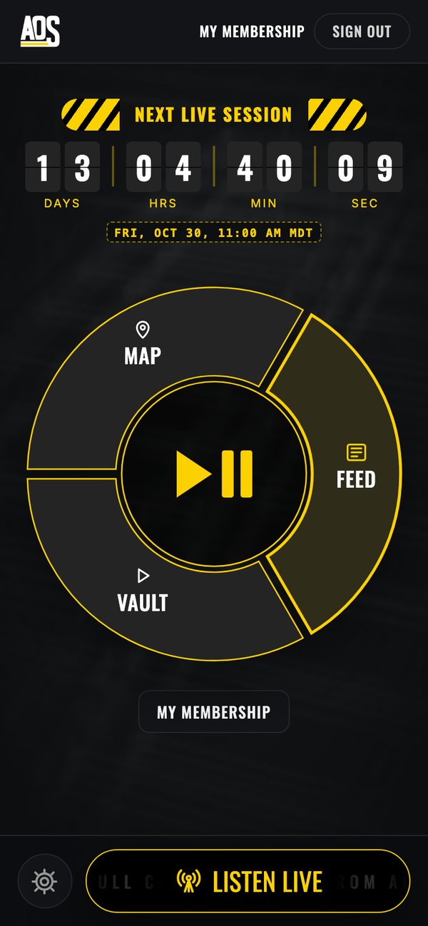 Members Hub home on a phone: next live session countdown, the Map, Feed and Vault dial, and Listen Live