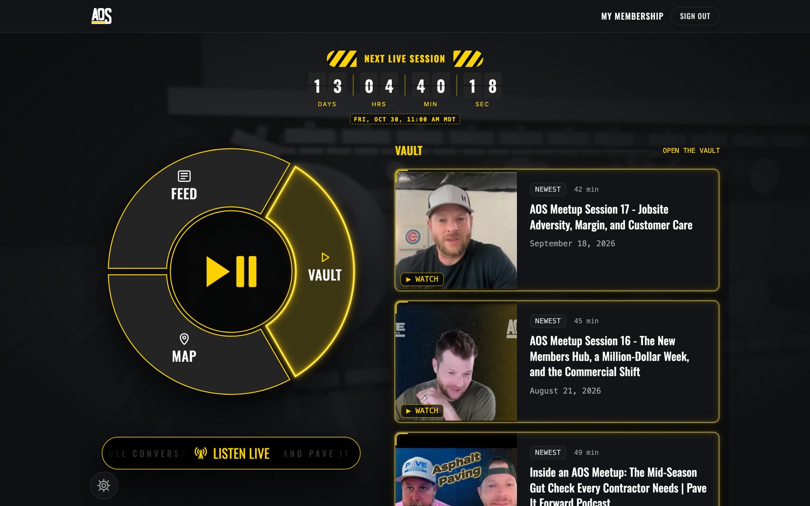 The Vault in the Members Hub on a desktop: session replays listed newest first